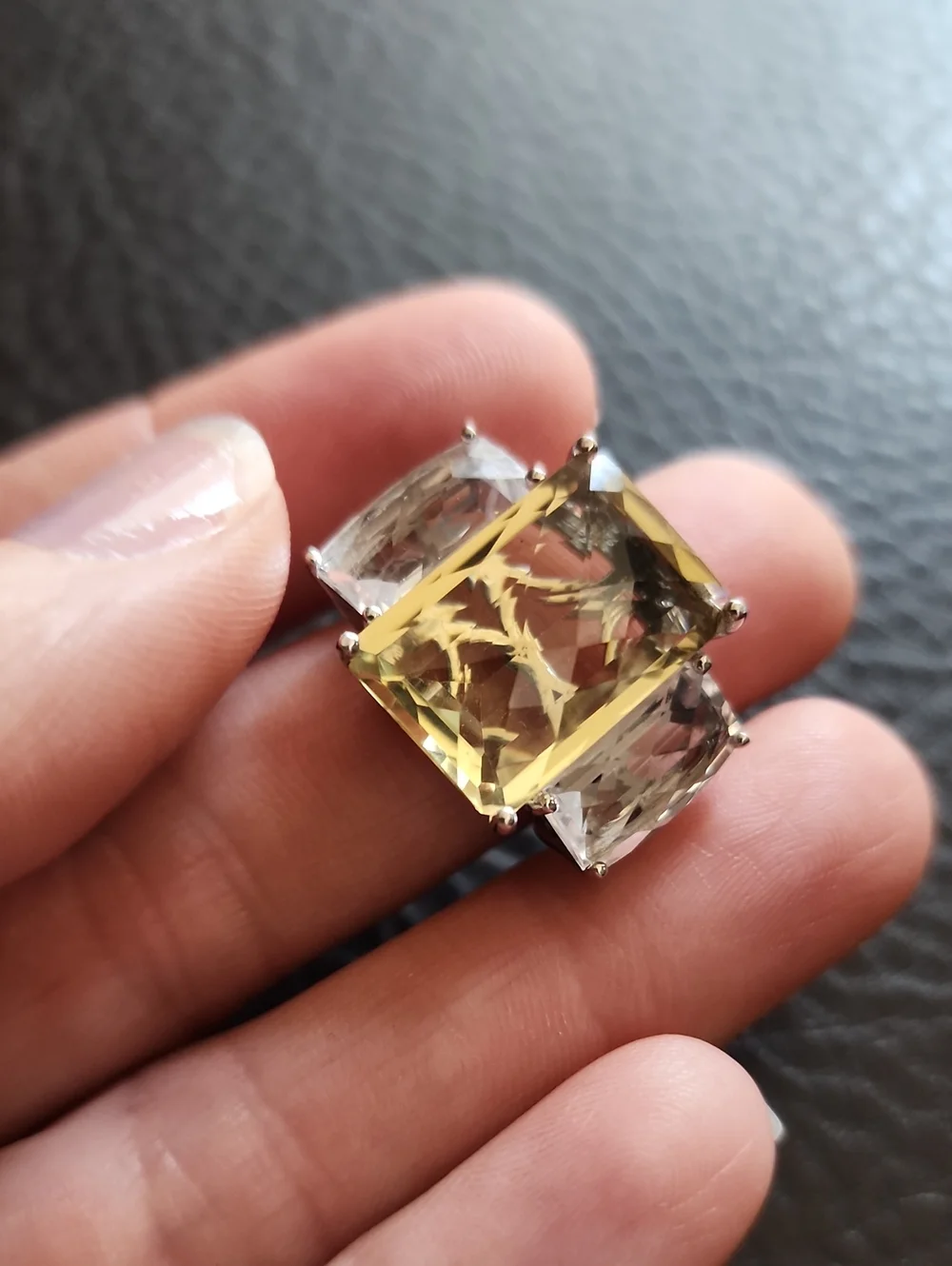 Carol Brodie Sterling Silver Canary Yellow & Clear Quartz Ring - Size 7
